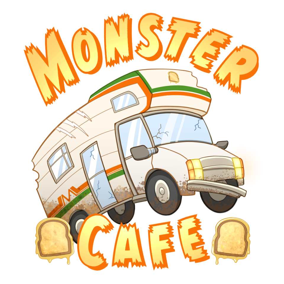 logo depicting an RV with a cracked windshield and dirty wheels accompanied by the words MONSTER CAFE. There are two grilled cheese sandwiches bookending the word CAFE